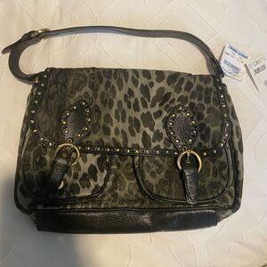 New Moschino Cheap & Chic Gray Black Leopard Nylon Leather Studded Shoulder Bag